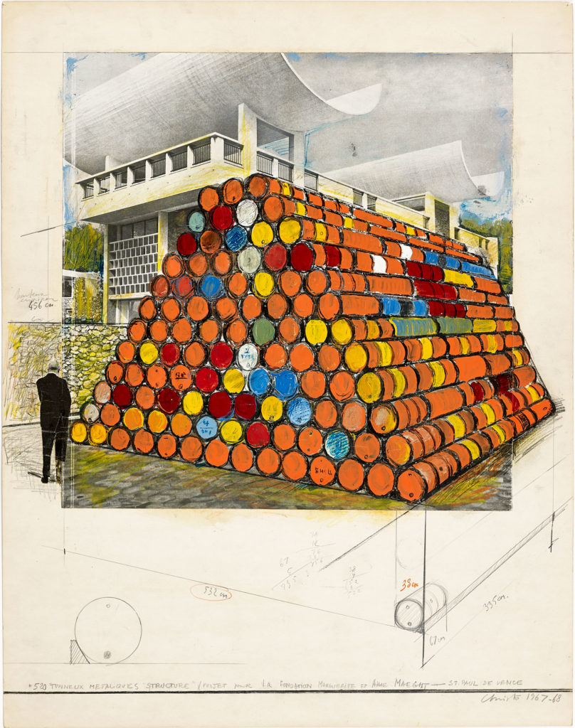 Christo et Jeanne-Claude, Projet d’intervention dans la cour de la Fondation Maeght : 595 tonneaux métalliques, 1967-1968
